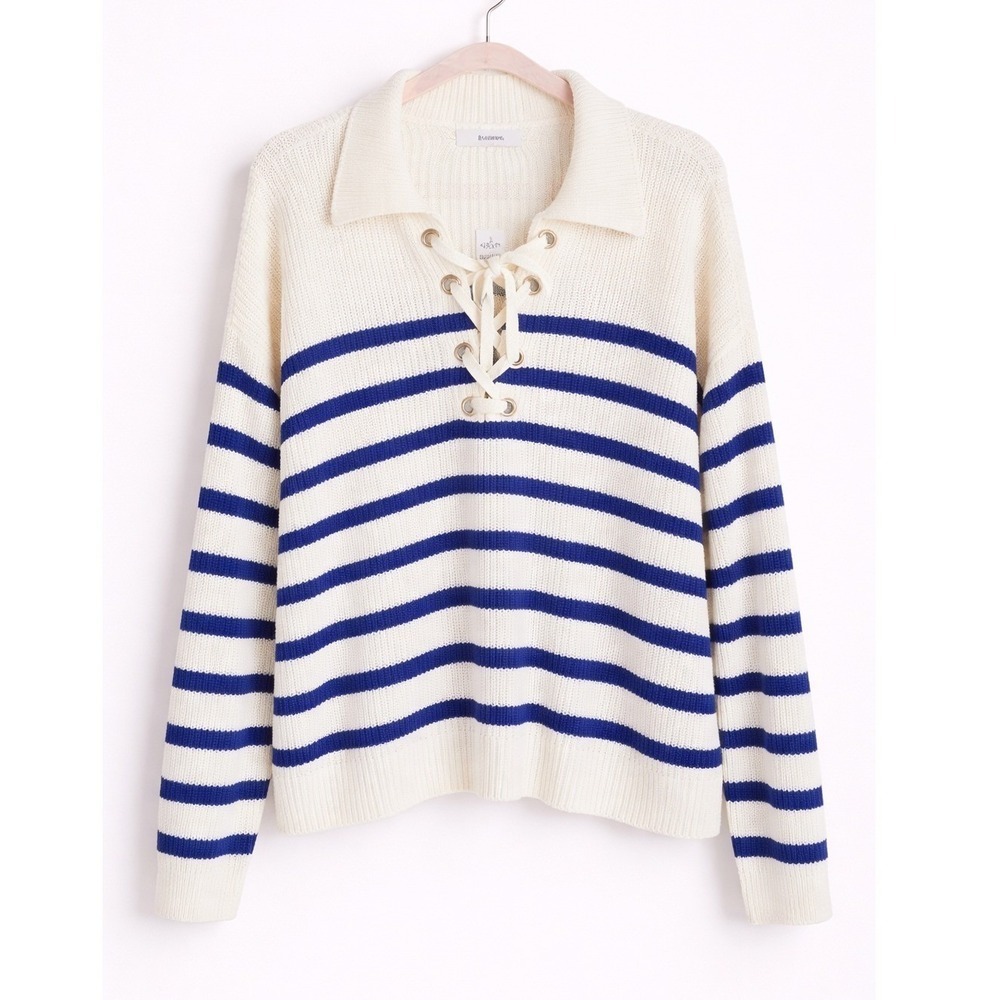 Ann Taylor Loft NEW Striped Lace Up Polo Sweater Navy White Nautical SZ Large - Picture 2 of 11